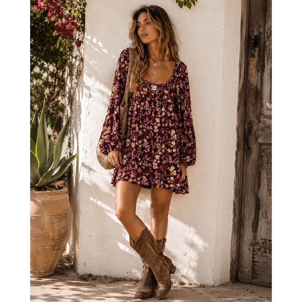 Billabong Womens Floral Mini Dress Burgundy Pink Long Balloon Sleeve Smocked S